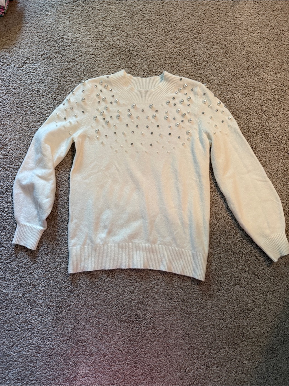 Talbots Cream Crewneck Sweater with Pearl Embellishments